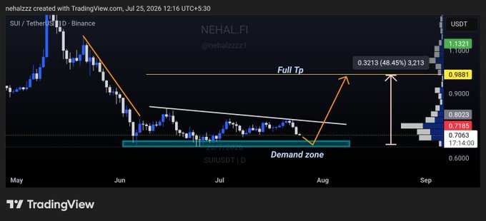 A TradingView chart of SUI/USDT on Binance shows the price returning to a highlighted "Demand zone" in the 0.70-0.71 range, with an arrow projecting a "Full TP" move toward 0.9881 (+48.45%), aligning with the post's bullish thesis that a bounce from demand could target $0.99.