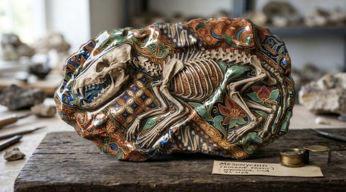 A detailed fossil or sculpted slab featuring a small dinosaur skeleton preserved in intricately patterned, colorful mineral or ceramic material, displayed on a wooden table with a brass weight and a handwritten label.
