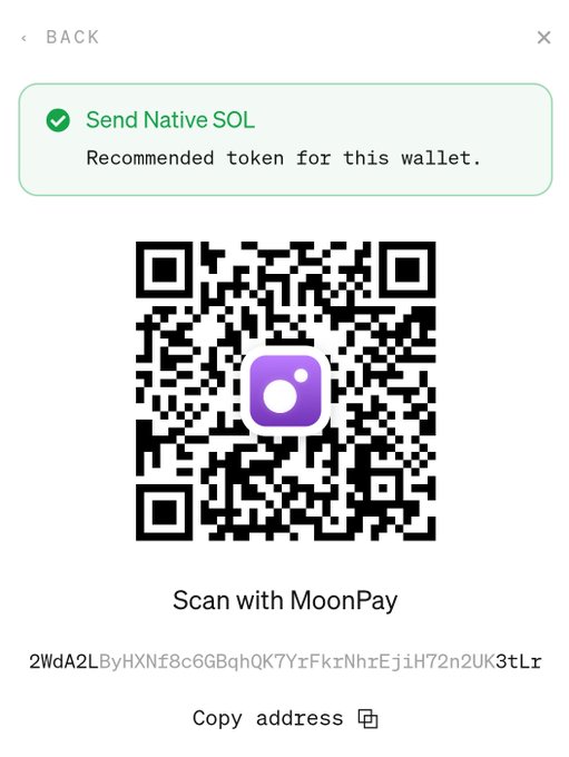 A MoonPay wallet interface showing a QR code for sending Native SOL, with a partial wallet address beginning '2WdA2LByHXNE8c6GBqh0K7YrFkrNhrEj...' visible below.