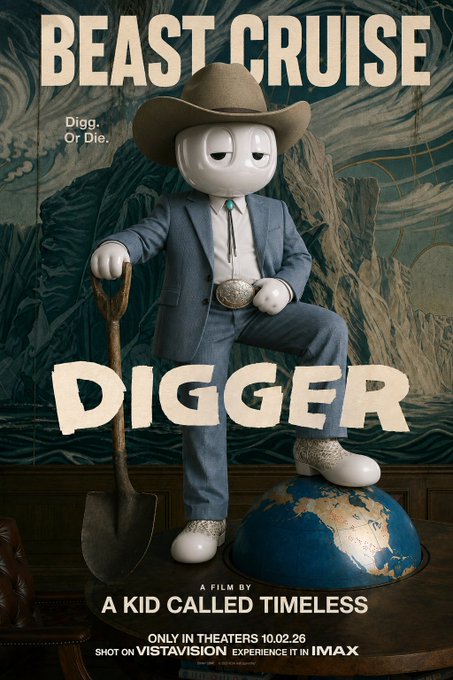 A movie poster titled "BEAST CRUISE" featuring a cowboy character with the tagline "Digg. Or Die." and "DIGGER" in large text, credited to "A KID CALLED TIMELESS" with a release date of 10.02.26.