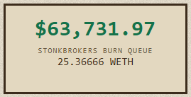 A graphic shows "$63,731.97" in green text with "STONKBROKERS BURN QUEUE" and "25.36666 WETH" beneath it.