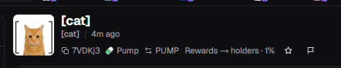 A cropped screenshot showing a chat message or post with a picture of an orange cat, the handle '[cat]', and the text 'Pump → PUMP Rewards → holders 1%'.