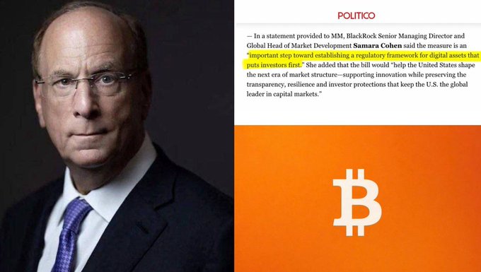 A BlackRock executive portrait appears alongside a Politico article quoting 'Samara Cohen' highlighting a regulatory framework for digital assets, with a Bitcoin logo below.