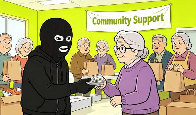 A cartoon illustration showing a masked figure in black handing cash to an elderly woman at a 'Community Support' event, with other seniors holding bags of groceries.