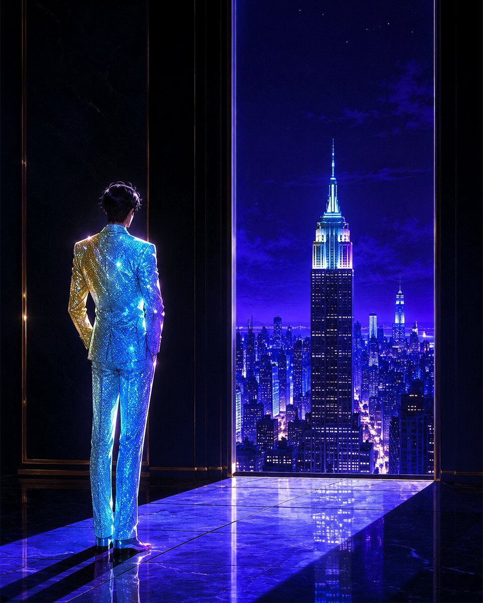 The image features a man standing in front of a large window, looking out at a city skyline with tall buildings lit up against the night sky. The city lights create a beautiful glow that illuminates the scene, making it appear as if the man is watching the city from his own personal tower. The post accompanying this image reads "Gm Still watching the city glow. #TEZOSTUESDAY".