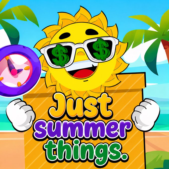 A cartoon sun wearing dollar-sign sunglasses holds a "Just summer things." sign on a tropical beach, visually matching the post's theme of $SUMMER, which is highlighted as a low-supply, under-$100 token with a holder rewards model being quietly accumulated for future gains.