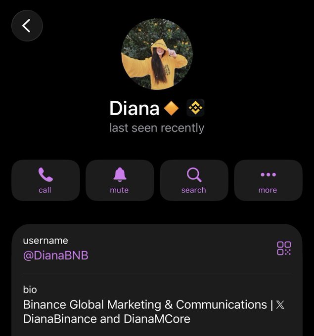 The image shows a Telegram profile page for "Diana" with the username @DianaBNB, featuring a profile photo of a woman in a yellow hoodie, last seen recently. The bio reads "Binance Global Marketing & Communications | DianaBinance and DianaMCore," confirming this is Diana's verified account now restored to her original @DianaBNB username as mentioned in her update.