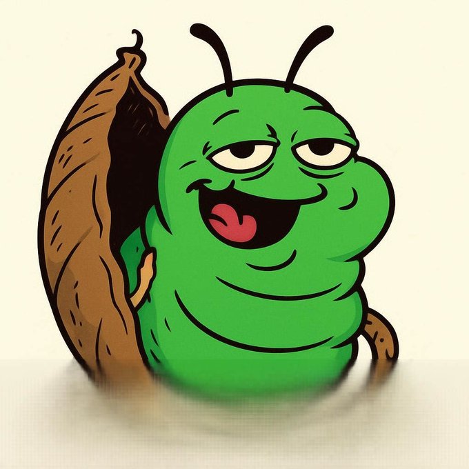 3D-rendered cartoon illustration of a green caterpillar-like creature with antennae and a big smile, peeking out from a brown cocoon against a cream background.
