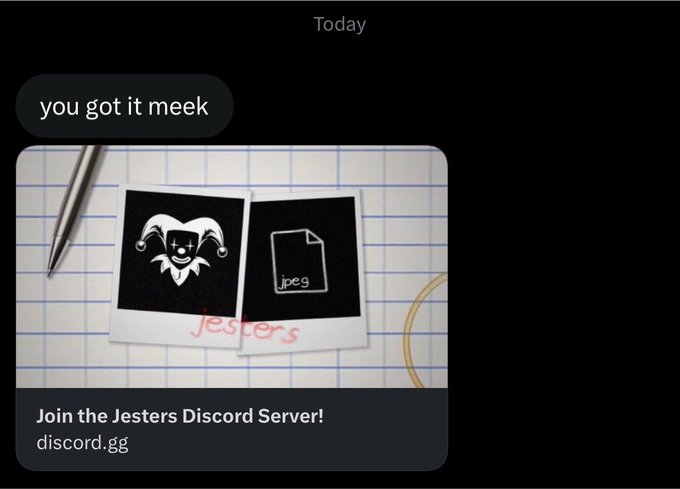 The image shows a Discord screenshot with the message "you got it meek" above an announcement graphic featuring jester and JPEG logos on graph paper, promoting "Join the Jesters Discord Server! discord.gg" with the text "jesters" in red. This relates to the post celebrating joining the @jestersjpegs Discord community to kick off August.