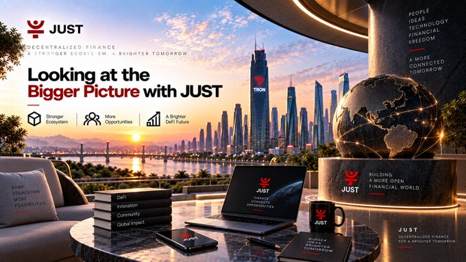 Promotional banner for JUST coin ('Decentralized Finance, A Stronger Ecosystem, A Brighter Tomorrow') featuring a cityscape, a glowing globe, and a laptop displaying the JUST logo with text 'Looking at the Bigger Picture with JUST'.