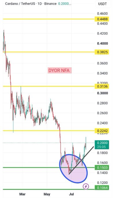 A Cardano (ADA/USDT) daily Binance chart shows a descending trend from March to July with the price recovering from a low near 0.1064 to around 0.1800, having reclaimed the green support level at 0.1503 and now eyeing the yellow resistance at 0.2242, supporting the post's note that buyers have reclaimed the range and produced higher lows.