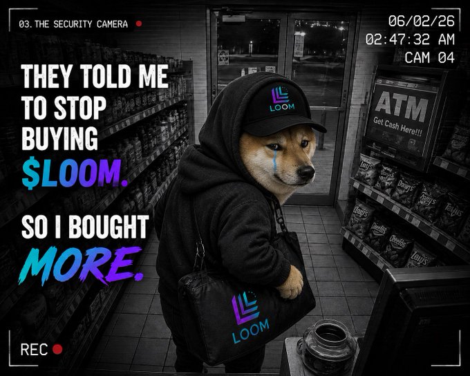 A meme-style advertisement features a Shiba Inu dog wearing a hood and cap holding a bag, with text reading "THEY TOLD ME TO STOP BUYING $LOOM SO I BOUGHT MORE" displayed as security camera footage.