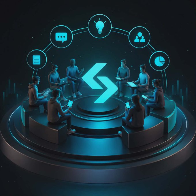 The image depicts a group of people sitting around a circular platform with various symbols, including a blue lightning bolt symbol surrounded by nine other symbols representing different aspects of community management or trading. The main focus appears to be on exchanging ideas and discussing user feedback for improving their products. There is no clear indication of the content in the caption provided; however, it could potentially be related to the ongoing discussions among the people or something about analyzing user preferences and providing better services through the platform improvements.