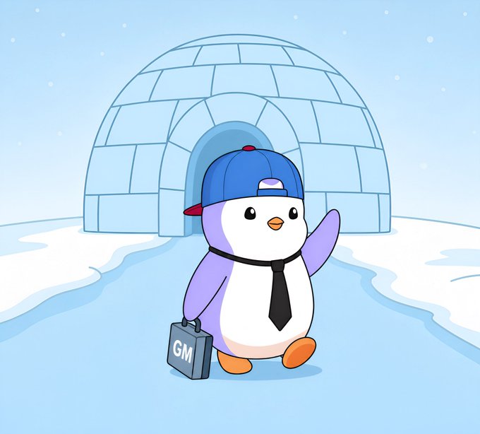 An illustration of a cartoon penguin wearing a blue baseball cap backward, a black tie, and carrying a briefcase labeled 'GM', standing in front of an igloo in a snowy landscape.