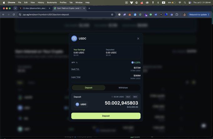 A screenshot of a crypto deposit page showing a USDC deposit modal on the Aave app with an amount of 50.002945803 USDC (~$49,980.08) and an APY of 8.29%, with a Layer Total of $369M.