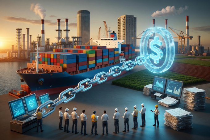 A conceptual illustration of global trade and supply chain finance featuring a container ship, port cranes, glowing chains linking to a dollar sign, workers, and digital dashboards.