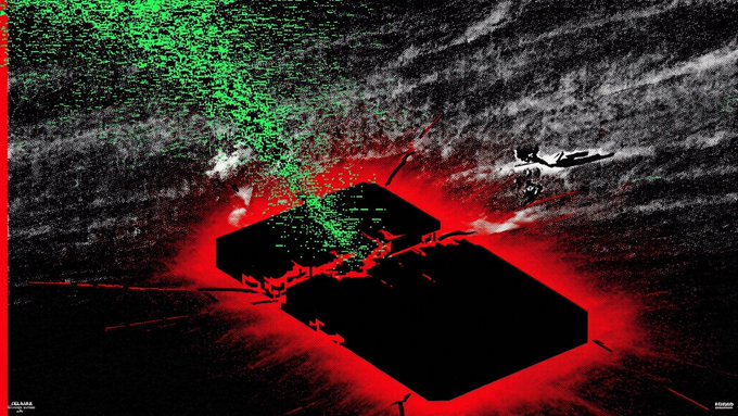 An abstract digital artwork featuring black geometric shapes against a dark textured background, accented with red and green colors.