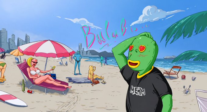 A green cartoon character with heart-shaped eyes wears an "MFM" shirt on a vibrant beach scene, with neon pink "Bubbles..." text floating above—capturing the dreamy, anticipatory vibe of the upcoming "Wallet Checker Live" drop teased on OpenSea.