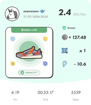 A SnowSnow crypto app screenshot dated 17/07/2026 showing a Walker Lv28 sneaker NFT, earnings of 2.4 GST/Min, and stats including 4.19 Km, 00:53:17 Time, and 5539 Steps.