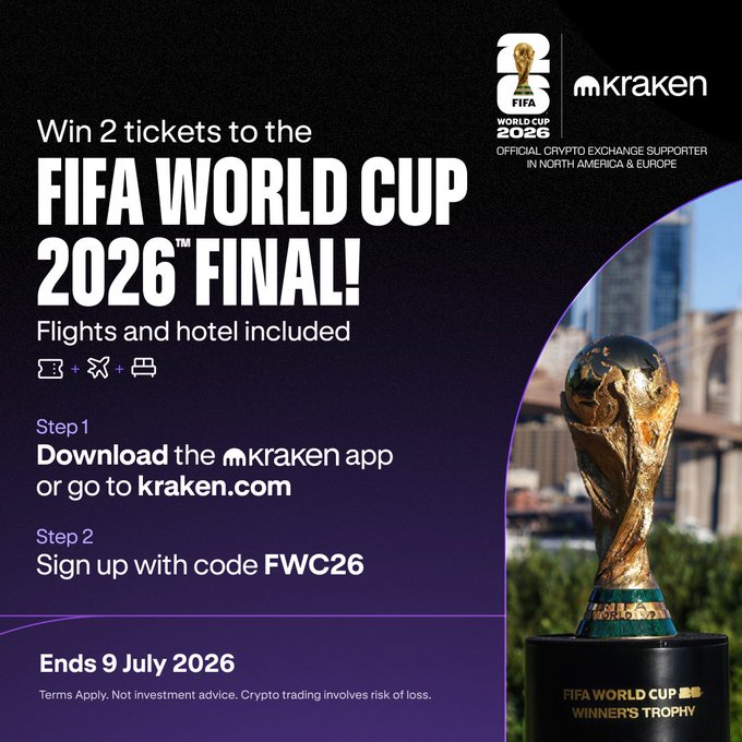 Promotional image for Kraken's giveaway of 2 tickets to the FIFA World Cup 2026 Final (flights and hotel included), instructing users to download the Kraken app or visit kraken.com and sign up with code "FWC26" by 9 July 2026, featuring the FIFA Winner's Trophy alongside the Kraken and FIFA World Cup 2026 logos, which aligns with the post's call to action to sign up using the code to enter.