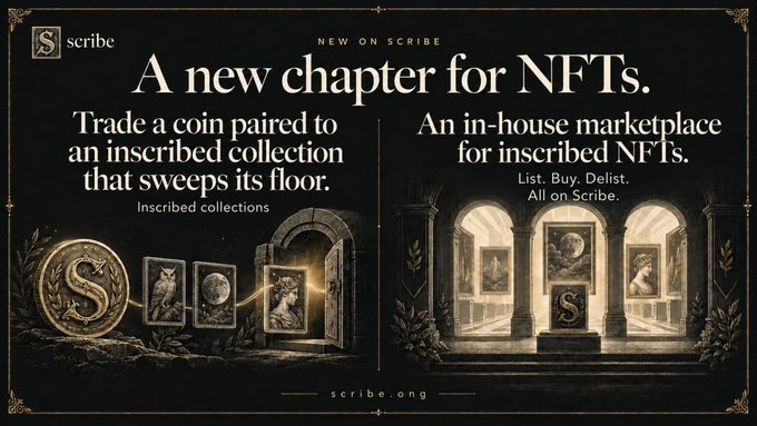 A promotional banner for 'scribe' advertises 'A new chapter for NFTs' featuring inscribed collections and an in-house marketplace at scribe.org.