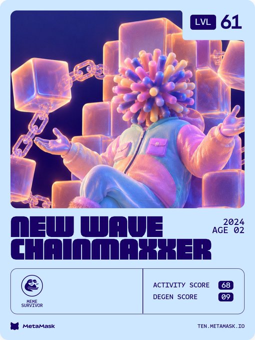 A MetaMask digital trading card titled "NEW WAVE CHAINMAXXER" featuring a colorful character with spiky hair, marked LVL 61 and AGE 02, with Activity Score 68 and Degen Score 09.