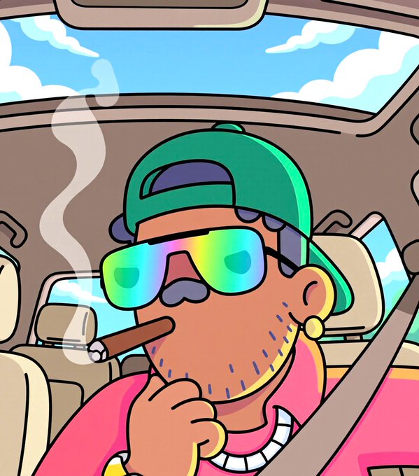 A cartoon-style illustration of a man wearing a green backwards cap and rainbow-reflective sunglasses, smoking a cigar while driving a car.