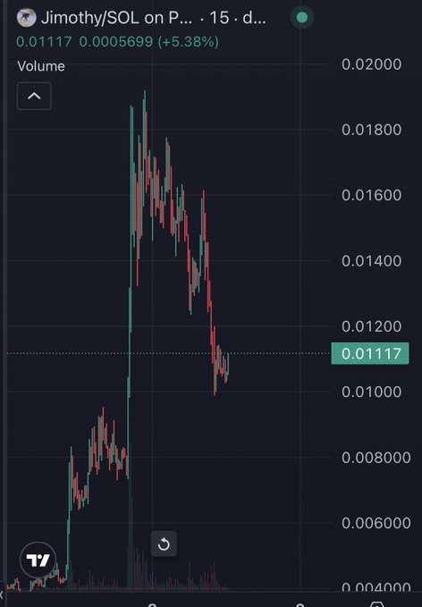 Duplicate trading chart screenshot showing 'Jimothy/SOL on P... 15' with a price of 0.01117, displaying a sharp price spike followed by a steep decline.