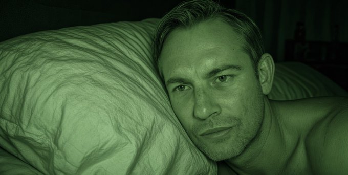 A close-up, green-tinted photo shows a shirtless man with short hair lying on a bed with a white pillow, looking at the camera.