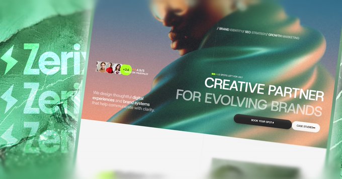 A website mockup for 'Zeri' featuring the text 'CREATIVE PARTNER FOR EVOLVING BRANDS' and 'BRAND IDENTITY / SEO STRATEGY / GROWTH MARKETING'.