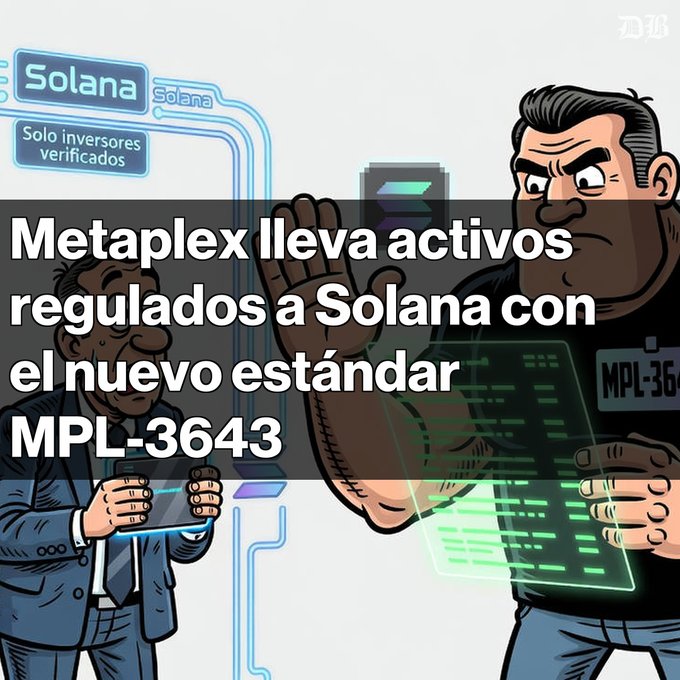 An illustration of two men in suits with a blockchain graphic, featuring Spanish text that reads "Metaplex lleva activos regulados a Solana con el nuevo estándar MPL-3643" and "Solana", "Solo inversores verificados".