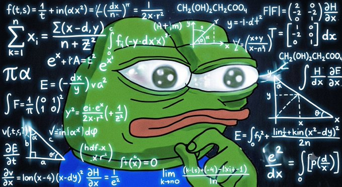A meme of a green Pepe frog with wide, anxious-looking eyes surrounded by complex mathematical equations and formulas on a chalkboard background.