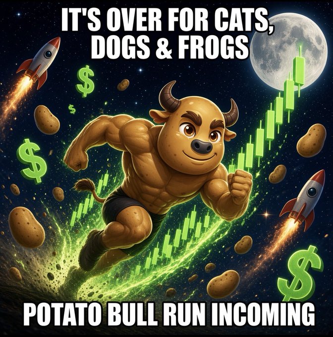 A muscular cartoon potato bull with horns charges through a space-themed scene filled with green candlestick charts, dollar signs, rockets, and flying potatoes under a full moon, with bold text reading "IT'S OVER FOR CATS, DOGS & FROGS" at the top and "POTATO BULL RUN INCOMING" at the bottom, hyping the upcoming 9-day countdown to the Potato Bull presale fair launch.