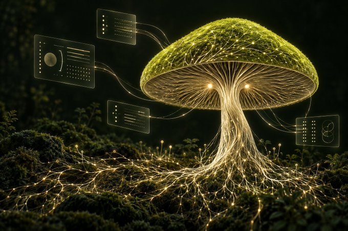 A glowing, bioluminescent mushroom with extensive root-like tendrils sits in a mossy forest, connected by glowing lines to floating translucent data panels.