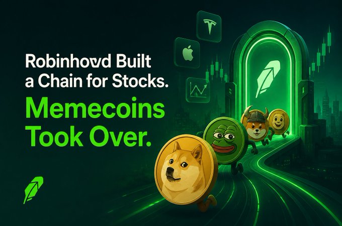 A promotional graphic with the text 'Robinhood Built a Chain for Stocks. Memecoins Took Over.' featuring a green digital portal with memecoin characters including Dogecoin and Pepe running toward it, with Tesla and Apple stock logos visible.