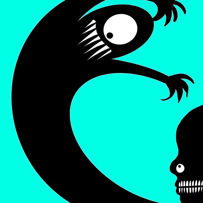 A black silhouette illustration of a monster with sharp claws and a single large eye looming over a smaller black skull-like face with sharp teeth against a teal background.