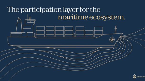 A minimalist line-art illustration of a cargo ship on stylized waves is displayed against a dark blue background, accompanied by the text 'The participation layer for the maritime ecosystem.'