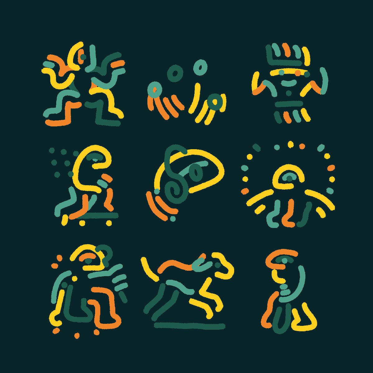 The image features a collection of nine different line drawings, each depicting various people engaged in different activities such as running, jumping, or dancing. The drawings are arranged in a grid format with three rows and three columns against a dark blue background. The colors used for these illustrations include shades of green, orange, yellow, and black. The post encourages the viewer to engage in physical activity daily, emphasizing the importance of staying active for both physical and mental well-being.