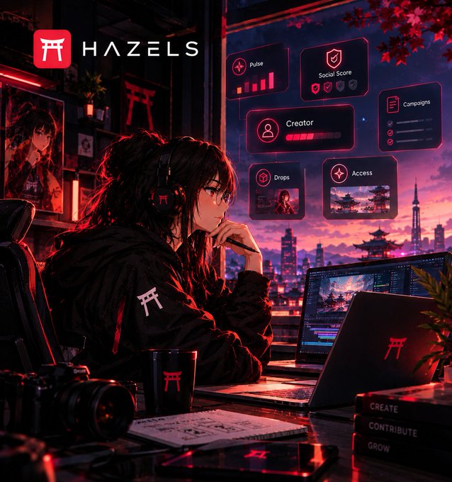 An anime-style illustration shows a dark-haired person wearing headphones and a hoodie at a desk, working on a laptop against a red cyberpunk cityscape backdrop with a floating UI panel labeled 'HAZELS' featuring 'Pulse,' 'Social Score,' 'Creator,' 'Campaigns,' 'Drops,' and 'Access.'