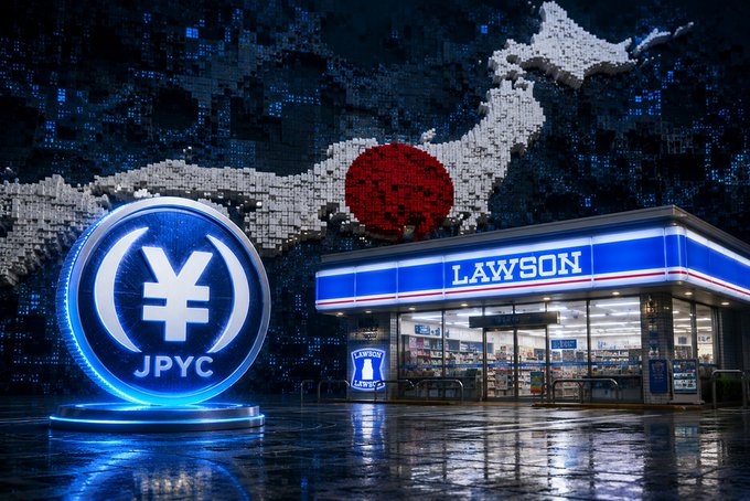 A promotional image for JPYC featuring a glowing blue JPYC coin logo in front of a Japanese convenience store called 'LAWSON' with a map of Japan made of digital blocks and a red sun in the background.