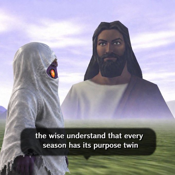 The image shows a man wearing a white robe with an eye patch, standing next to another man who appears to be Jesus Christ. The caption below the image reads "the wise understand that every season has its purpose twin", which suggests there might be some deeper meaning or message behind this scene.