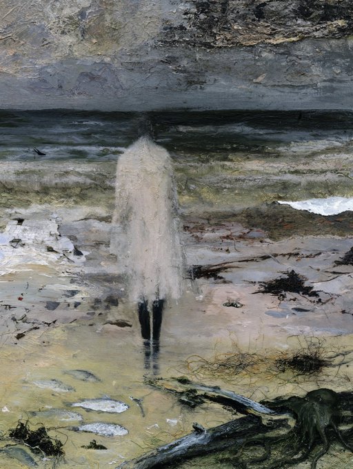An impressionist-style painting depicts a hooded figure in a long light-colored cloak walking away across a desolate, rocky shoreline beneath a dark overhang.