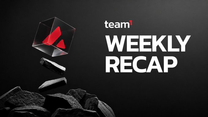 A graphic with a dark background displays the text 'team¹ WEEKLY RECAP' next to a red '1' logo inside a glass cube above scattered rocks.