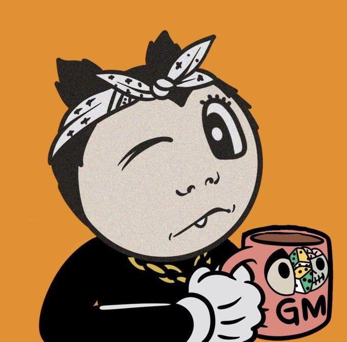 Cartoon illustration of a character with a bandana winking while holding a pink mug labeled 'GM' against an orange background.
