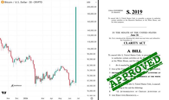 The image shows a Bitcoin/U.S. Dollar 3-day crypto chart displaying a recent sharp spike reaching toward $200,000, alongside an approved "S. 2019 CLARITY ACT" bill from the 119th Congress aimed at amending U.S. Code to authorize certain Executive Residence activities. The chart's dramatic price surge visually reinforces the post's bullish claim that BTC will reach $200,000, while the approved legislation suggests regulatory clarity that the post implies will trigger massive capital inflows into cryptocurrencies like $SOL, $ETH, and altcoins.