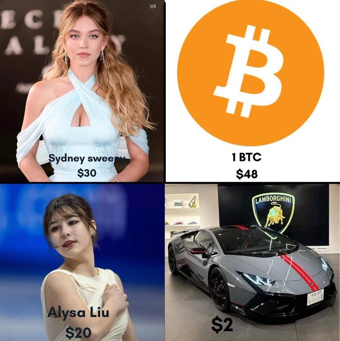 A four-panel meme comparing the perceived values of Sydney Sweeney ($30), 1 BTC ($48), Alyssa Liu ($20), and a Lamborghini (with a $2 price tag).