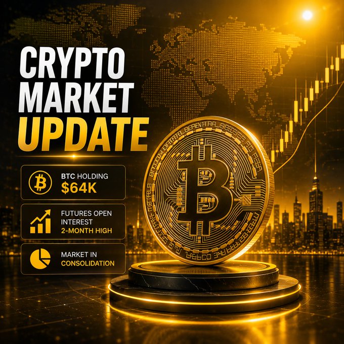 A 'CRYPTO MARKET UPDATE' graphic featuring a large golden Bitcoin coin on a pedestal, noting 'BTC HOLDING $64K', 'FUTURES OPEN INTEREST 2-MONTH HIGH', and 'MARKET IN CONSOLIDATION'.