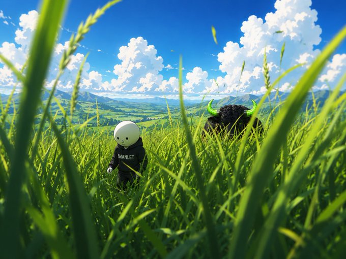 Two small characters, one white and round-headed wearing a 'SKANLET' hoodie, stand in tall green grass against a vast backdrop of mountains and cloudy sky.