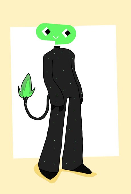 A digital illustration of a slender figure in a black, starry outfit with a green, diamond-eyed head and a green leaf-tipped tail.