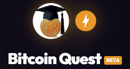 A promotional graphic for 'Bitcoin Quest BETA' featuring a Bitcoin coin wearing a graduation cap next to an orange lightning bolt icon against a dark background.